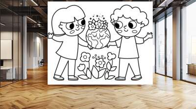 Cute black and white eco friendly kids holding smiling earth in hands. Line boy and girl caring of planet and environment. Earth day illustration. Ecological vector coloring page with children. Wall mural