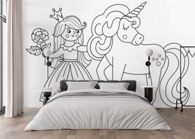 Fairy tale black and white vector princess with unicorn and rose. Fantasy girl in crown coloring page. Medieval line fairytale maid. Girlish cartoon magic icon with cute character.. Wall mural