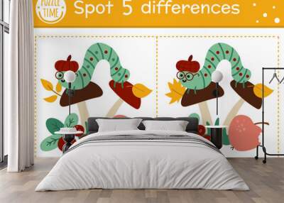 Find differences game for children. Autumn forest educational activity with caterpillar and mushroom. Printable worksheet with cute insect. Woodland puzzle for kids. Fall preschool sheet. Wall mural