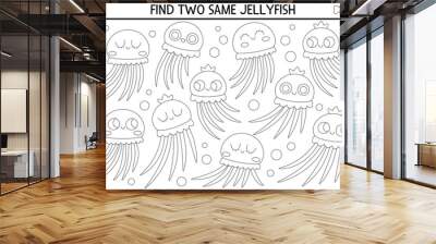 Find two same water jellyfish. Under the sea black and white matching activity. Ocean life line educational quiz worksheet for kids. Simple printable coloring page with cute water animals. Wall mural