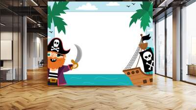 Pirate party greeting card template with cute captain, ship, marine landscape, palm trees. Treasure island horizontal poster invitation for kids. Bright sea holiday illustration with place for text. Wall mural