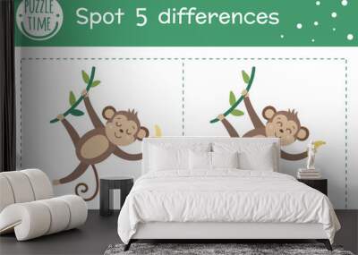 Tropical find differences game for children. Summer tropic preschool activity with monkey hanging on liana and holding banana. Puzzle with cute funny smiling characters.. Wall mural