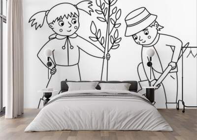 Vector black and white children planting tree illustration. Cute outline kids doing garden work. Boy digging ground with spade. Spring gardening activity line picture or coloring page . Wall mural