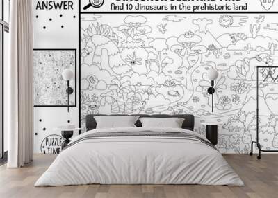 Vector black and white dinosaur searching game with prehistoric landscape. Spot hidden donos in picture. Ancient world line seek and find educational printable activity for kids with T-rex Wall mural