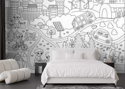 vector black and white eco city scene. ecological town line landscape with alternative transport, en Wall mural