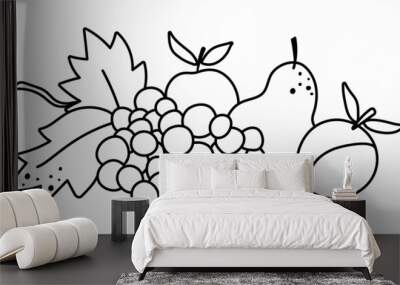 Vector black and white fruit arrangement. Cute outline horizontal set with apples, pear, grapes. Autumn garden composition clipart. Fall season harvest line icon isolated on white background. . Wall mural