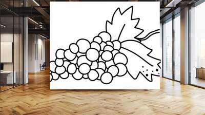 Vector black and white grapes with leaves. Autumn fruit line icon. Funny outline grape wine illustration isolated on white background. Garden or farm harvest clipart. Wall mural