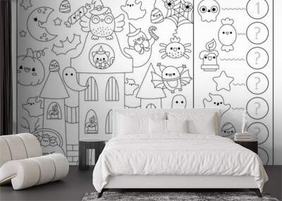 Vector black and white Halloween searching game with haunted house and kawaii characters. Spot hidden objects, say how many. Simple autumn holiday seek and find counting coloring page. Wall mural