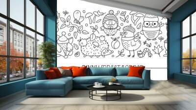 Vector black and white horizontal border set with cute animals and autumn forest elements. Thanksgiving line card template design with woodland characters. Funny fall border. Wall mural