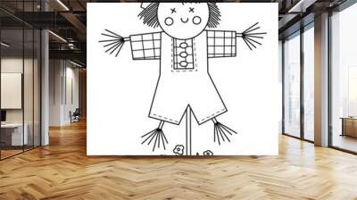 Vector black and white scarecrow isolated on white background. Outline spring garden bugaboo illustration. Gardening equipment line icon. Farm scary puppet on pole coloring page. Wall mural