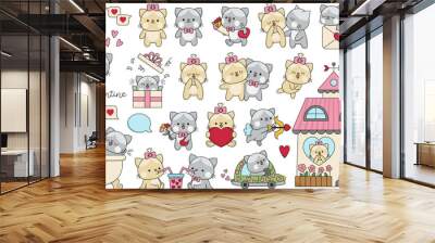 Vector cartoon set of Saint Valentine day cats. Kitten pair kissing, hugging, playing. Cute funny kawaii illustrations or icons for kids with love concept. Kitty with hearts and flowers. Wall mural