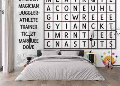 Vector circus wordsearch puzzle for kids. Simple amusement crossword with funny performers for children. Activity with clown, marquee, magician, athlete. FAunfair cross word Wall mural