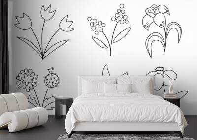 Vector cute black and white spring flowers icons set. First blooming plants outline illustration. Floral clip art collection or coloring page. Tulips, dandelion, snowdrop Wall mural