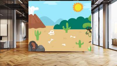 Vector empty nature landscape illustration. Cute flat scenery with sun, desert, volcano. Outdoor plane or clearing scene with stones, bones, skull. Dinosaur background for kids with mountains, cactus Wall mural