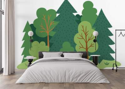 Vector forest landscape. Environment friendly concept with trees, flowers and bushes. Ecological or outdoor camping illustration. Cute earth day scene with plants. Wall mural