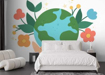 Vector hands holding earth with flowers. Earth day illustration with cute planet. Environment friendly icon with globe. Cute ecological concept. Wall mural