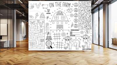 Vector on the farm placemat for kids. Country farm printable activity mat with maze, tic tac toe charts, connect the dots, find difference. Farmhouse black and white play mat or coloring page. Wall mural