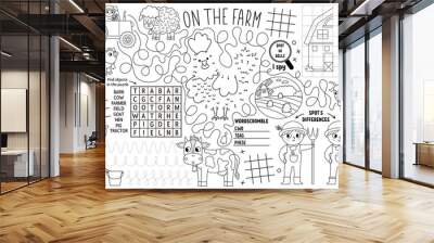 Vector on the farm placemat for kids. Country farm printable activity mat with maze, tic tac toe charts, connect the dots, find difference. Farmhouse black and white play mat or coloring page. Wall mural