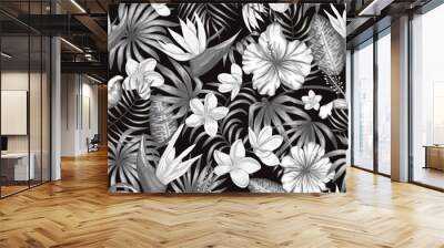 Vector seamless pattern of monochrome tropical leaves with plumeria, strelitzia and hibiscus flowers on black background. Summer or spring repeat vintage tropical backdrop. Exotic jungle ornament Wall mural