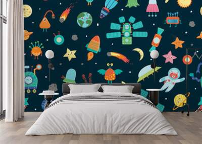 Vector seamless pattern of space objects. Bright and cheerful repeat background with planet, star, spaceship, satellite, moon, sun, asteroid, astronaut, alien, UFO Wall mural