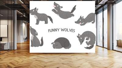 Vector set of cartoon style hand drawn flat funny wolves in different poses. Cute illustration of woodland animals for children’s design. . Wall mural