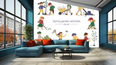 Vector set of children doing garden work. Spring collection of kids with gardening tools. Young gardeners planting tree, watering plants, raking, catching butterfly.. Wall mural