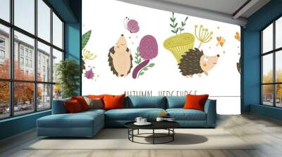 Vector set of scenes with hand drawn flat hedgehogs. Funny autumn pictures with prickly animal. Cute woodland animalistic illustration for children’s design, print, stationery. Wall mural