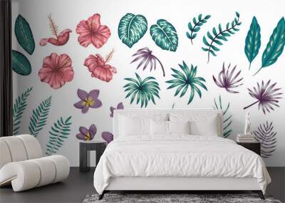 Vector set of tropical flowers and leaves isolated on white background. Bright realistic collection of exotic design elements. . Wall mural