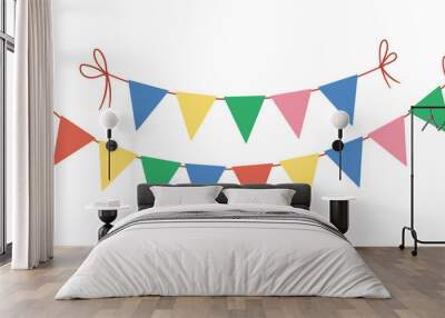 Vector triangle birthday flags for holidays decoration. Cute funny hanging carnival pennants illustration for card, invitation, banner design. Bright holiday, festival or fair garland on white Wall mural