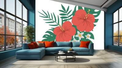 Vector tropical composition with red hibiscus, monstera, palm leaves and white flowers isolated on white background. Bright flat style exotic design element. Summer floral clip art. Wall mural