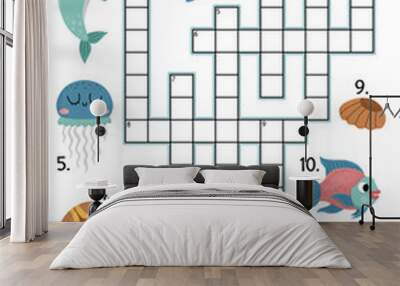 Vector under the sea crossword puzzle for kids. Simple ocean life quiz with for children. Educational marine activity with fish, water animals, whale, dolphin, octopus. Cute cross word. Wall mural