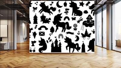 Vector unicorn silhouettes set. Fairytale black icons collection with funny fairy, castle, rainbow, moon, falling star, flowers, sweets. Cute magic or fantasy world shadow illustrations for kids. Wall mural