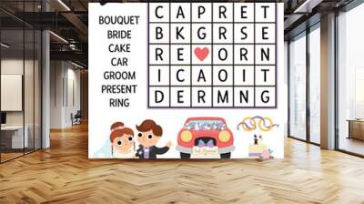 Vector wedding wordsearch puzzle for kids. Simple word search quiz with marriage ceremony landscape for children. Educational activity with bride, groom, cake. Cross word with traditional symbols. Wall mural