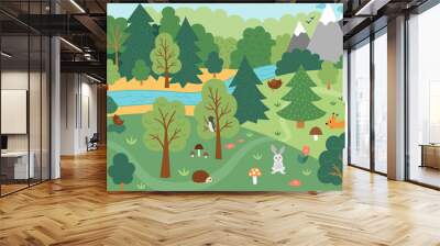 Vector wild forest scene with trees, mountains, animals, birds. Spring or summer woodland scenery with flowers, plants, mushrooms. Wild nature landscape illustration or background. . Wall mural