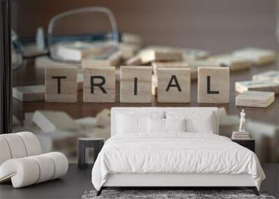 trial word or concept represented by wooden letter tiles on a wooden table with glasses and a book Wall mural