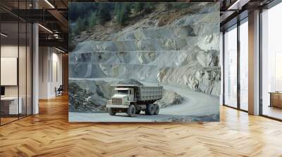 design for construction ad, heavy truck in the quarry. worker, building at digging site. industrial working. blue collar. logistics Wall mural