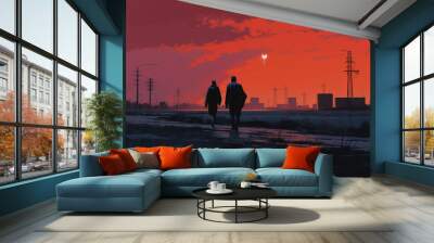 Two people in sunset, dystopia. Coming home late - twilight. oil painting, modern art. soviet modernism, twilight, dark crimson tones Wall mural