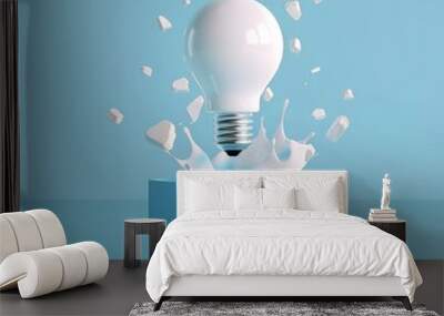 3D render of a light bulb breaking out of a blue box on an isolated pastel background Wall mural