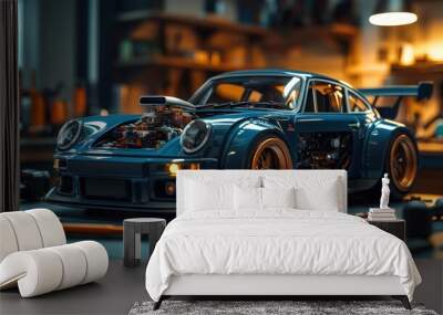 A blue sports car model with its engine exposed, sitting on a workbench with tools and a blurred background. Wall mural