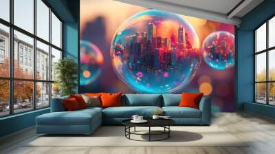 A city skyline encased in a bubble, with a blurred cityscape in the background. Wall mural