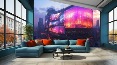 A futuristic building with LED screens displays vibrant, colorful lights against a twilight sky. Wall mural