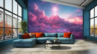 A glowing cross shines above the clouds at sunset. Wall mural