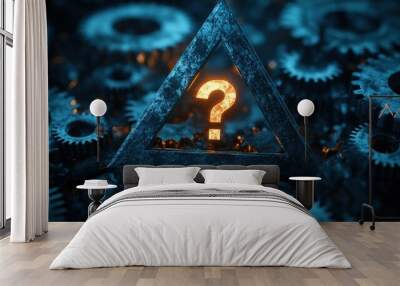 A glowing question mark inside a triangular frame surrounded by metallic gears. Wall mural