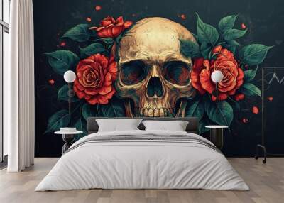 A human skull with three red roses and green leaves around it on a dark background. Wall mural