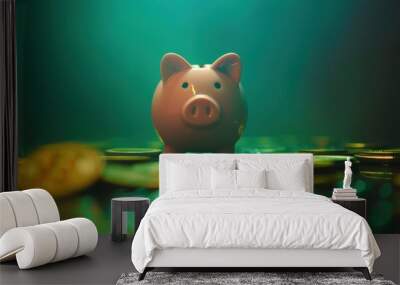 A pink piggy bank stands on the table, surrounded by gold coins. Wall mural