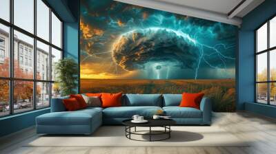 A powerful storm with lightning strikes over a field at sunset. Wall mural