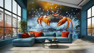 A red crab emerges from the water, its claws raised, creating a splash of water droplets around it. Wall mural