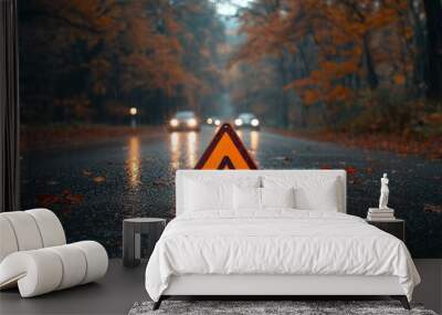 A red triangle warning sign on a wet road with blurred traffic in the background. Wall mural