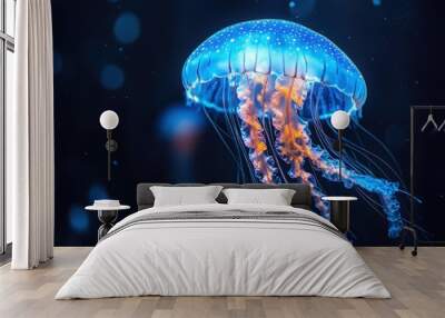 A single blue jellyfish with orange tentacles floats in the ocean. Wall mural