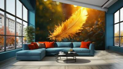 A single white feather floats in the golden light of the setting sun, creating a sense of peace and tranquility. Wall mural